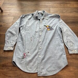 Womens Winnie the Pooh Piglet Embroidered Denim Shirt Light Blue Cute